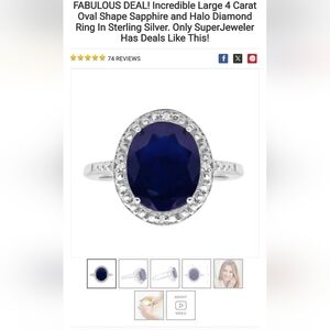 4 Carat Oval Shaped Sapphire and Diamond Halo Diamond Ring In Sterling Silver